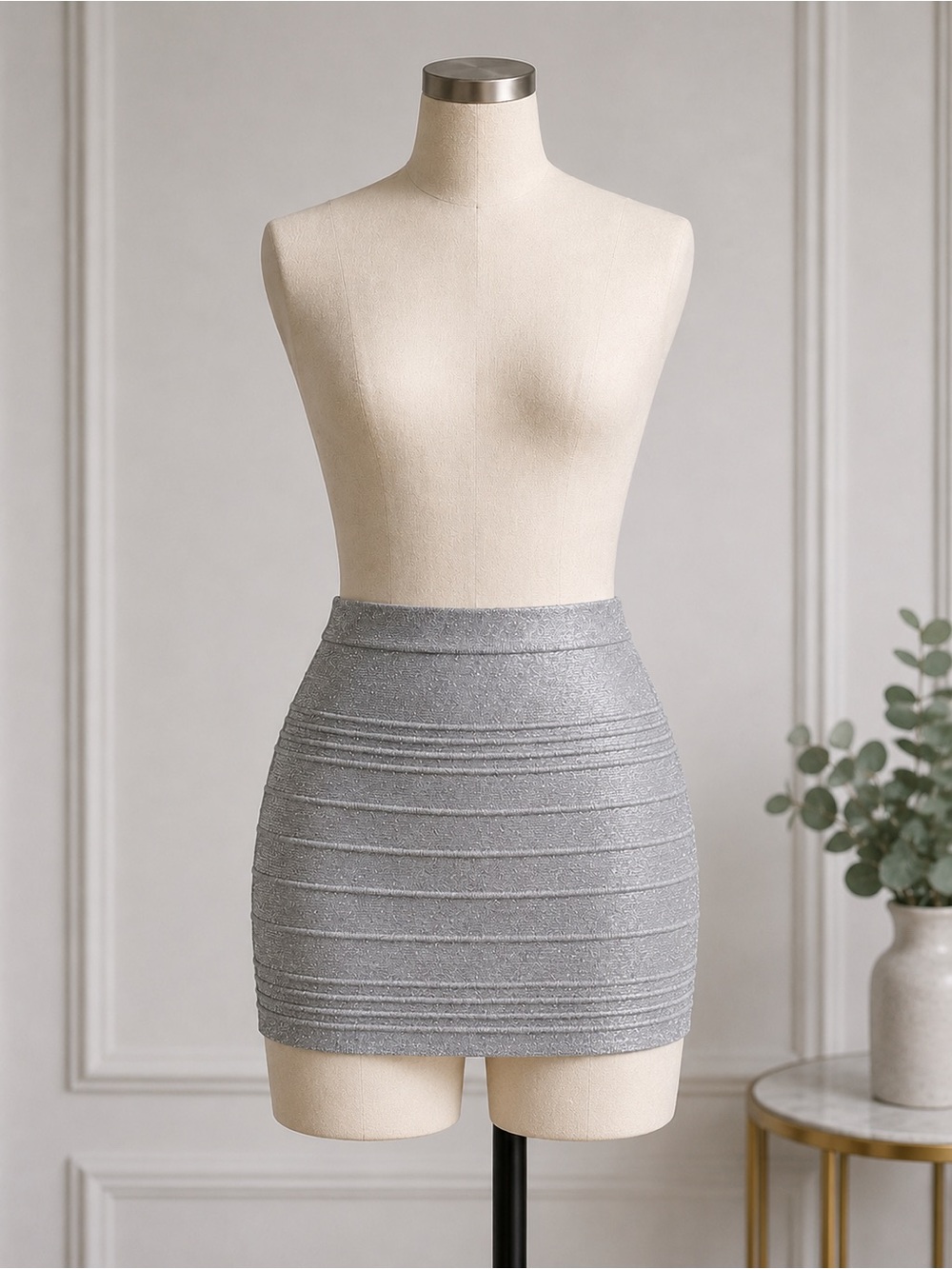 Charlotte Russe Silver Shimmer Glitter Metallic Bandage Bodycon Mini Skirt - Picture 2 of 8